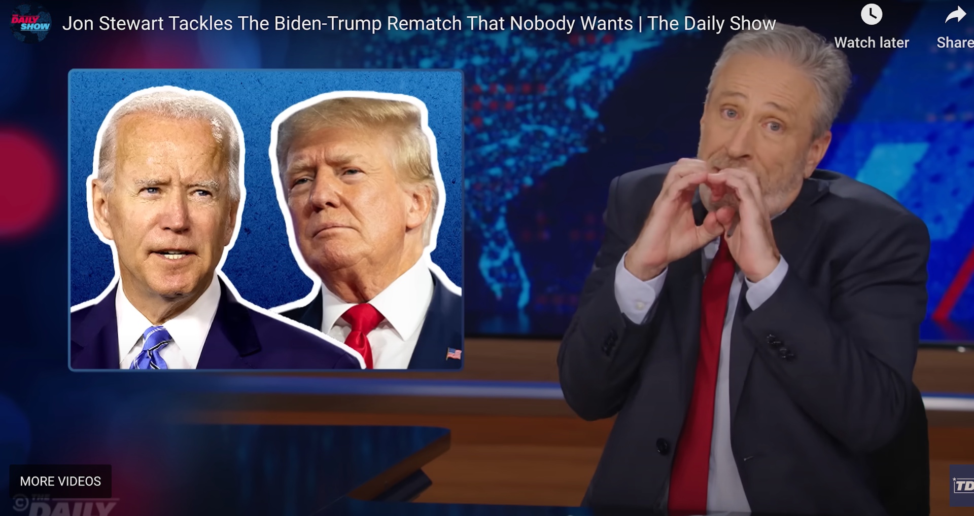 Jon Stewart does a segment on Feb. 13, 2024, on the Biden-Trump rematch. Screenshot, The Daily Show